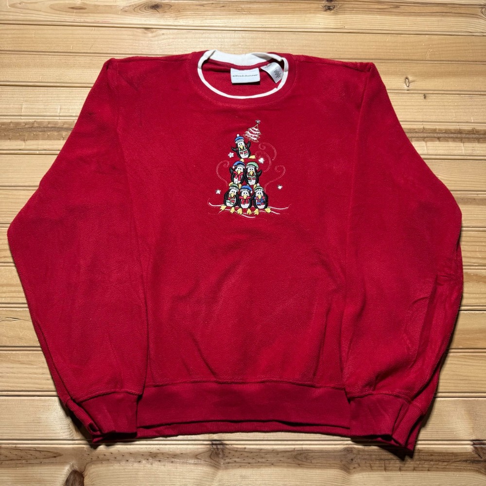 Vintage 90s Christmas Holidays Penguins Embroidered Fleece Sweatshirt - Medium