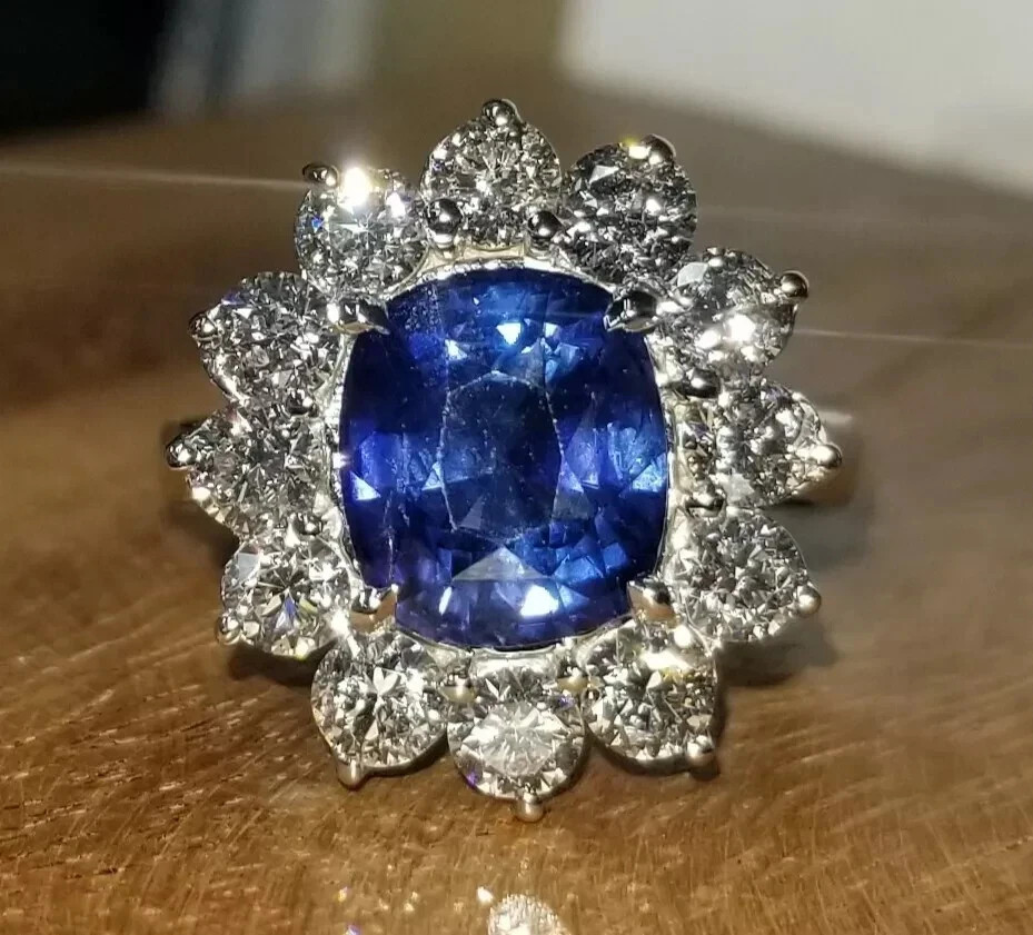 2.20 Ct Natural Blue Sapphire Diamond Anniversary Ring 14K White Gold
