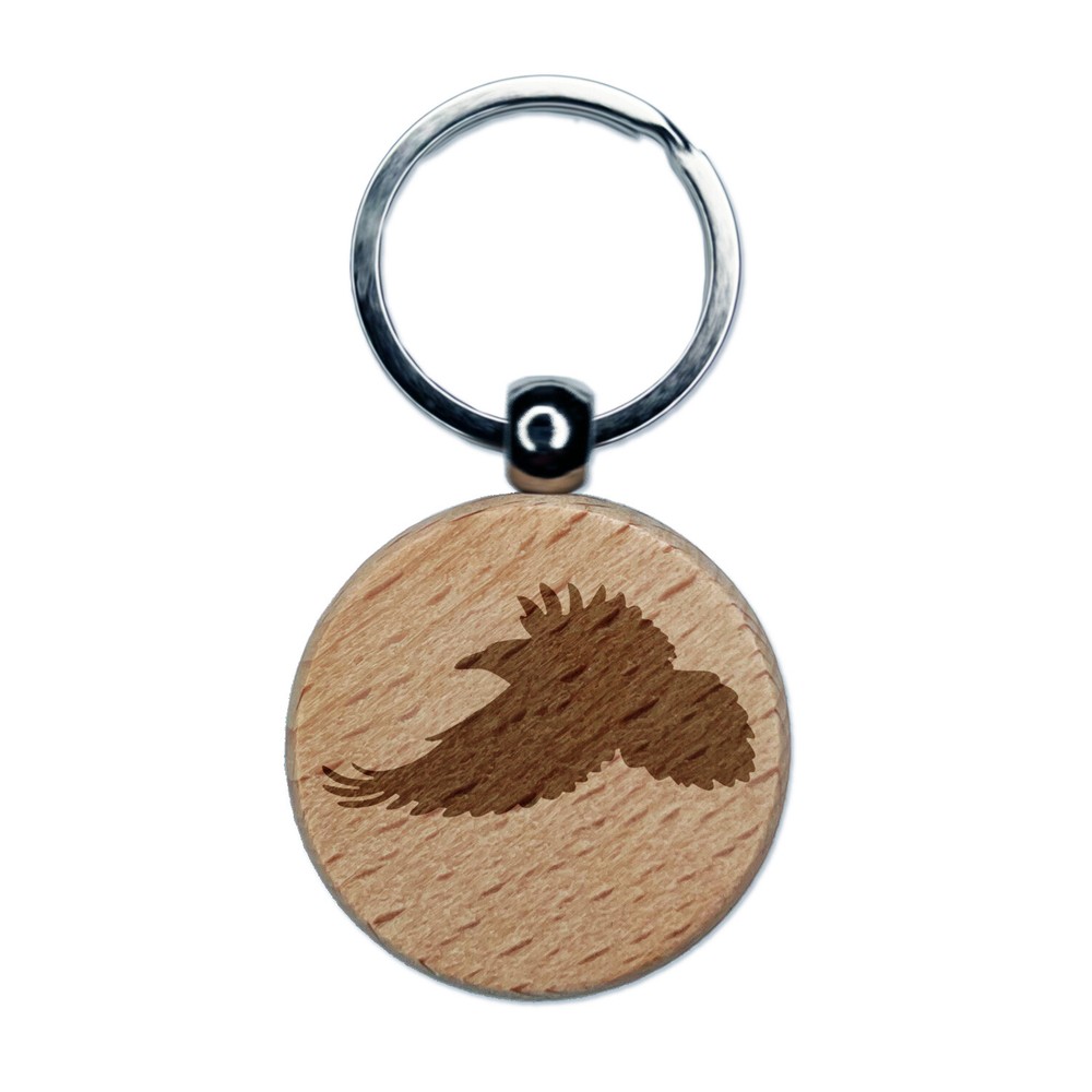 Flying Raven Bird Engraved Wood Round Keychain Tag Charm