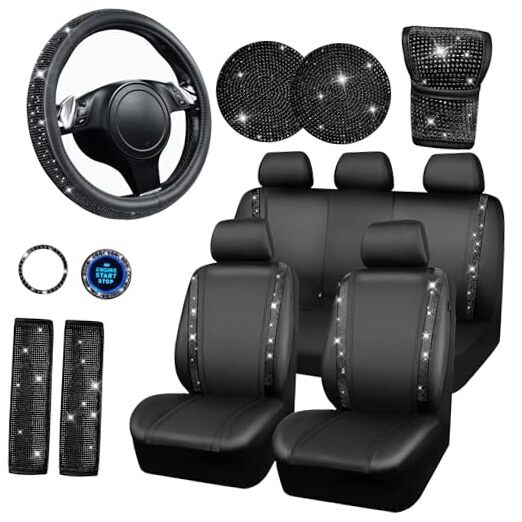Leather Diamond Bling Seat Coverss 16 pcs, Bling Car Full Set Black Leather