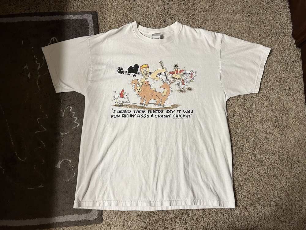 Vintage Y2K Riding Hogs Picking Up Chicks Harley Biker Comic T-Shirt Size XL