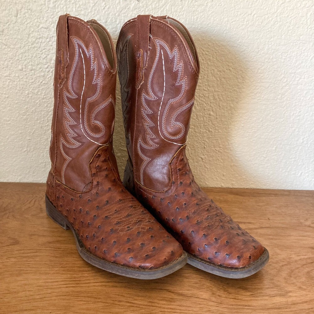 ROPER, Kids Size 3 Tan Ostrich Print Square Toe Western Boots, Boys Cowboy Boots