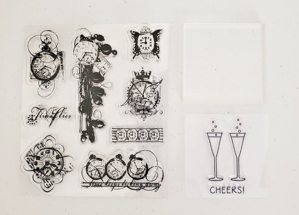 New Years Eve Holiday Rubber Stamps & Acrylic Block - Time Flies, Cheers! UNUSED-image