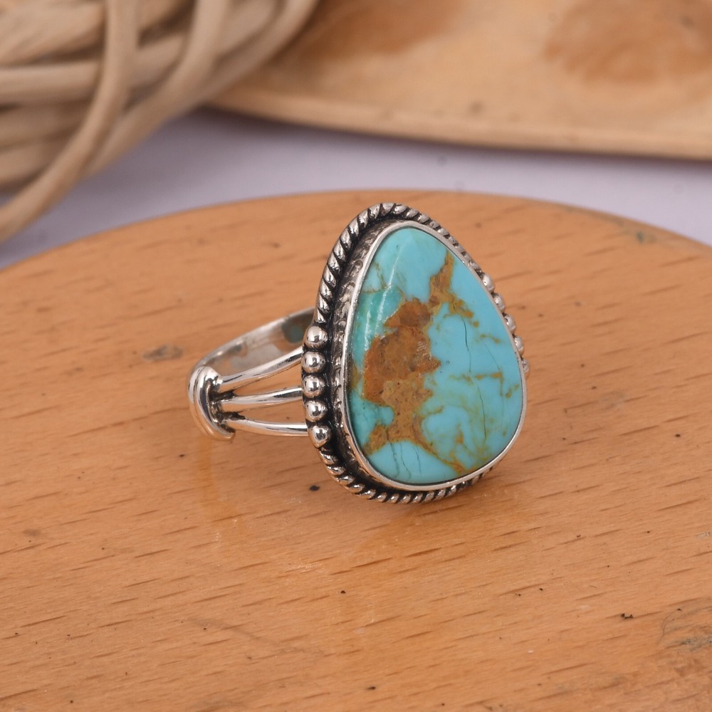 925 Sterling Silver Natural Kingman Turquoise Large Gemstone Ring For Engagement