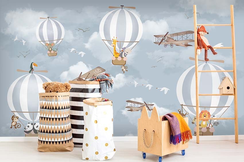 3D Hot Air Balloon Animal Watercolor Wall Murals Wallpaper Murals Wall Sticker