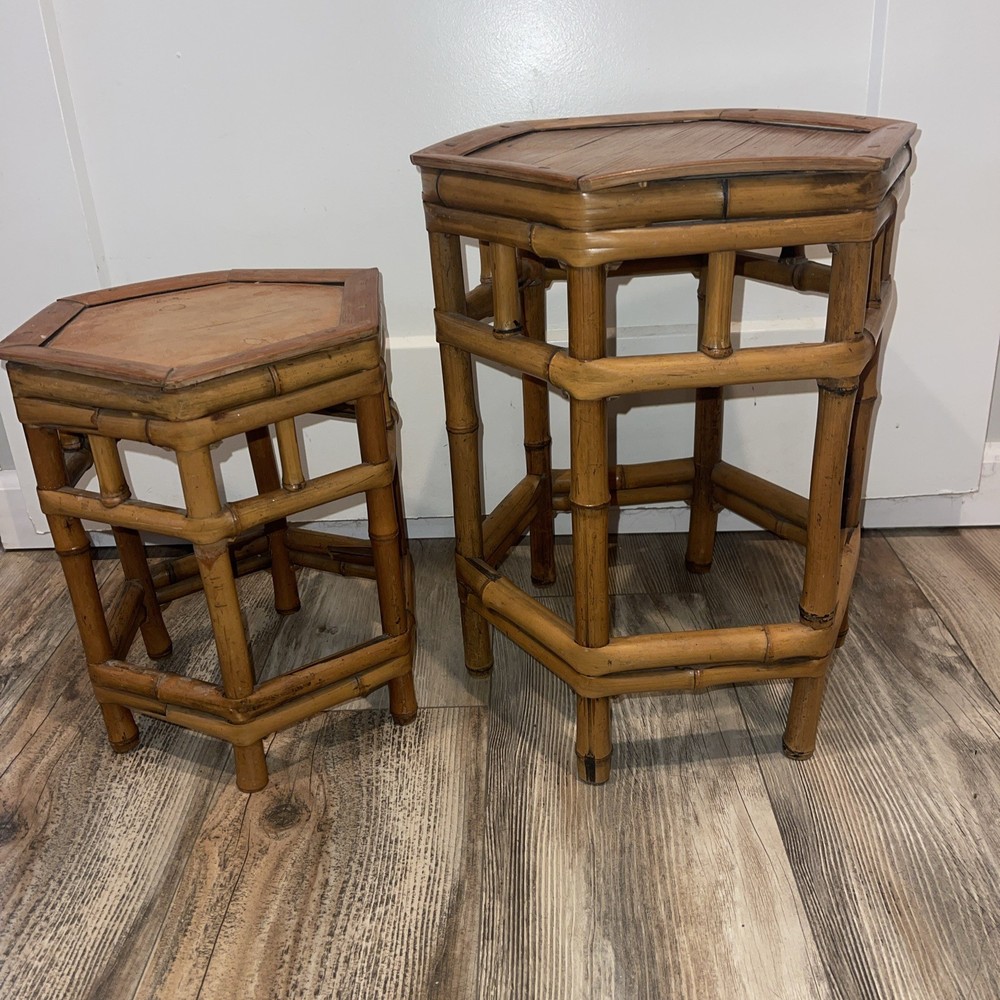 Boho Bamboo Rattan Staggered Nesting Stacking Tables or Plant Stands Set Of 2