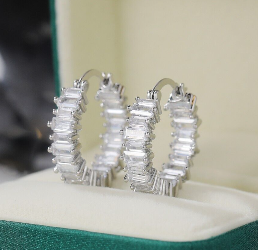 4.35 CT Simulated Baguette Woman's Earring Silver Plated Dazzling Hoop Earring's