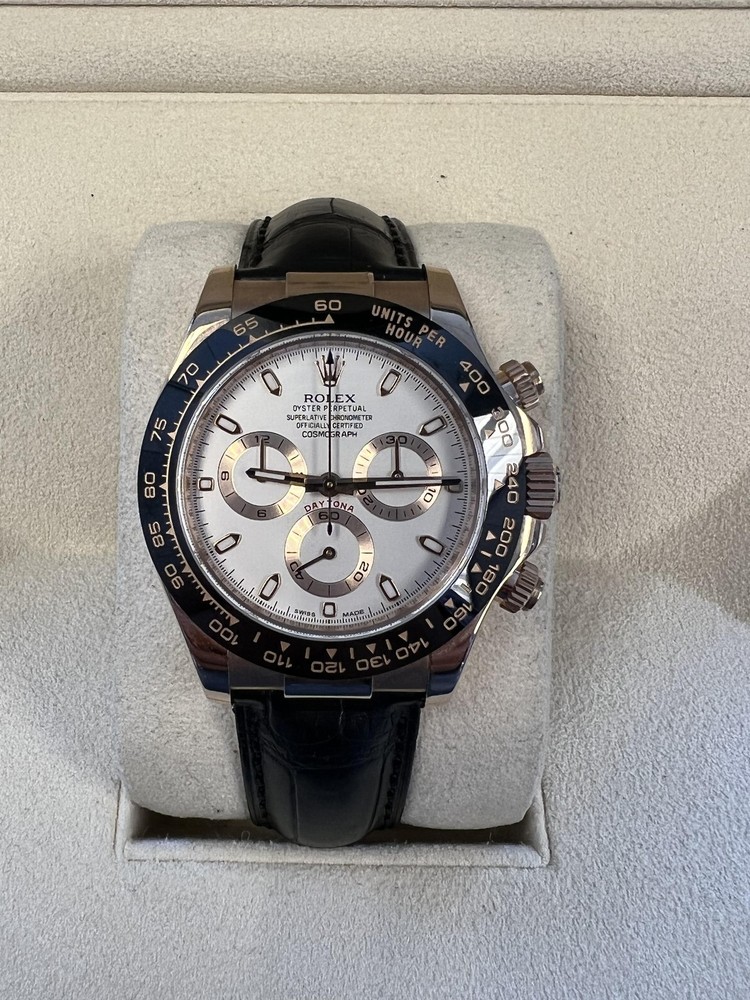 Rolex Daytona 18K Rose Gold White Dial Black Leather Strap