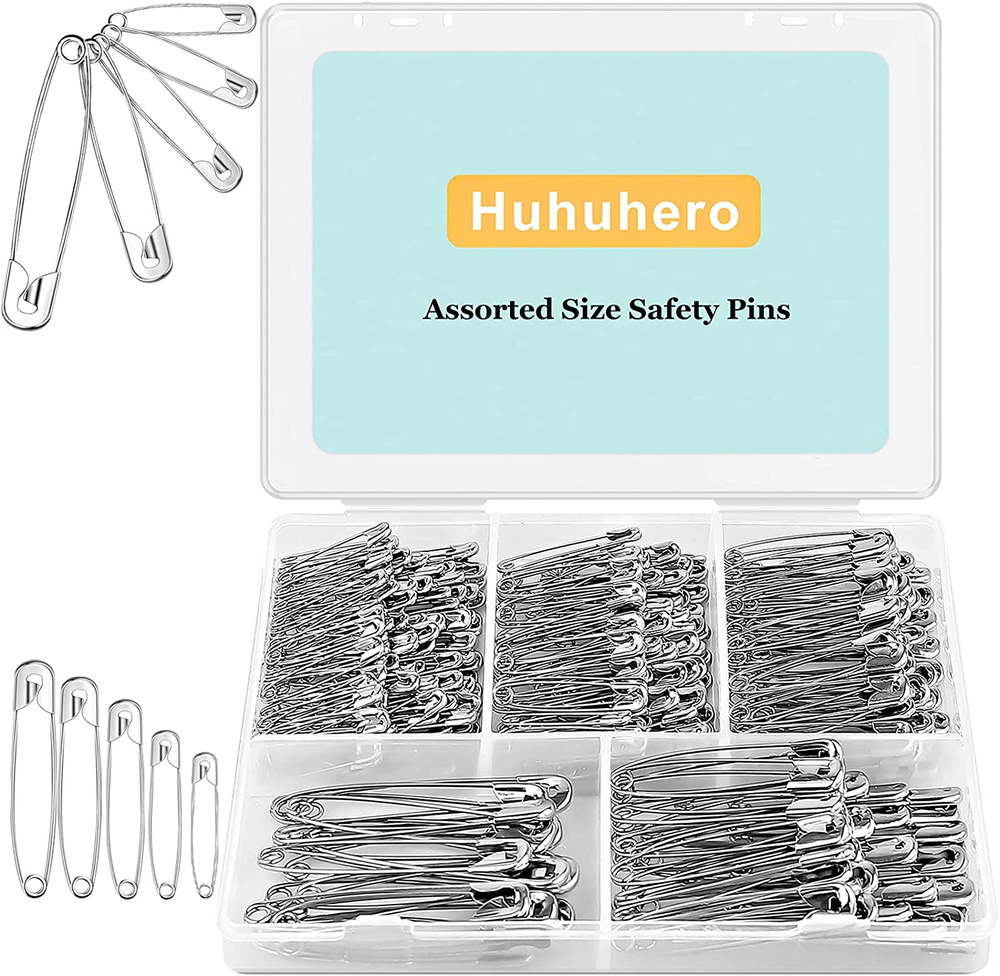 Huhuhero 340 Pack Safety Pins Assorted, 5 Different Sizes Small and Large Pins,