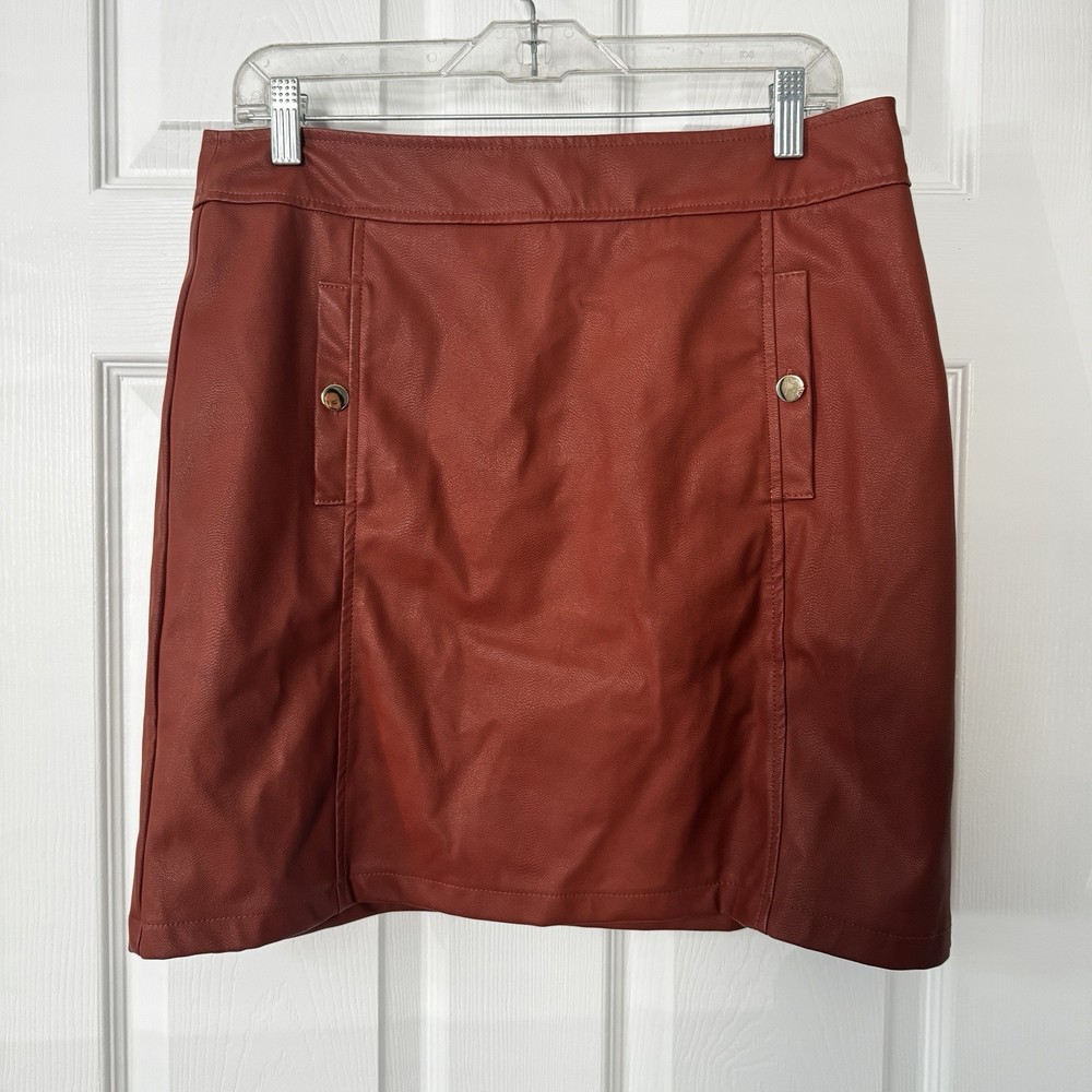 LOFT Women Rust Brown Faux Leather Skirt with Lined Pockets