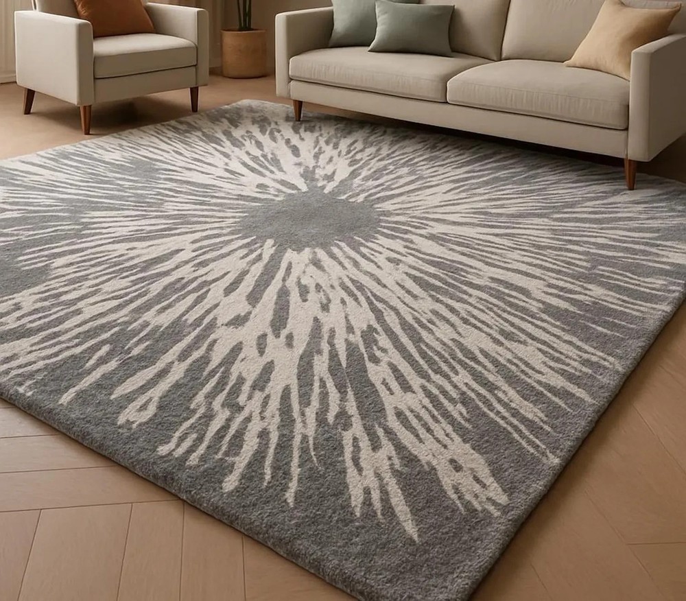 Abstract Burst Modern Grey And White Handmade Area Rug, Hand-Tufted New Zealand