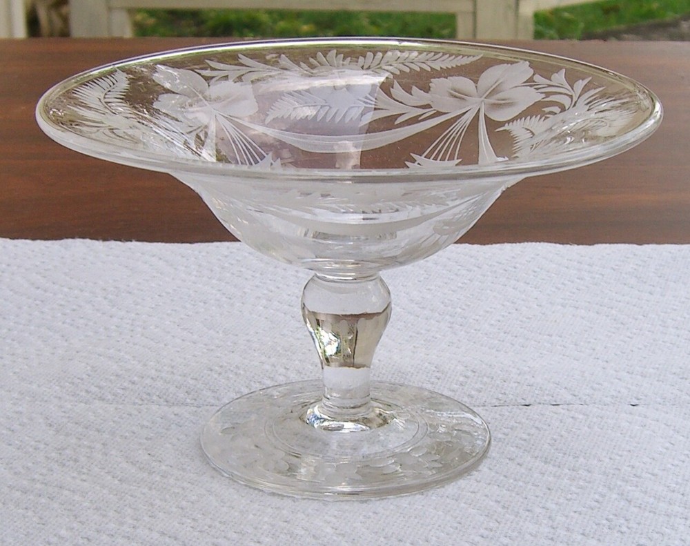 Signed Libbey Engraved Glass Compote with Floral Drapery Foliage Candy Dish