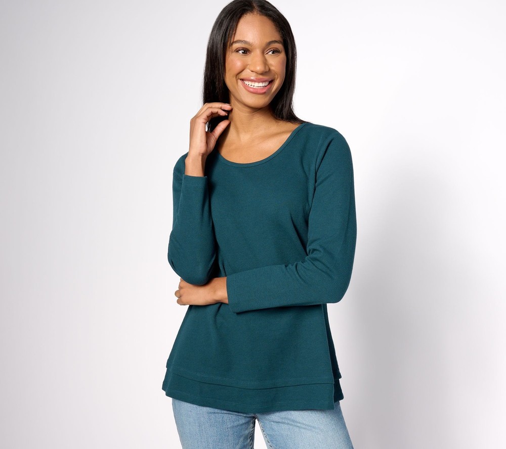 Maya J Women's Top Sz M Denim & Co. Essentials Waffle Knit Scoop Blue A627198