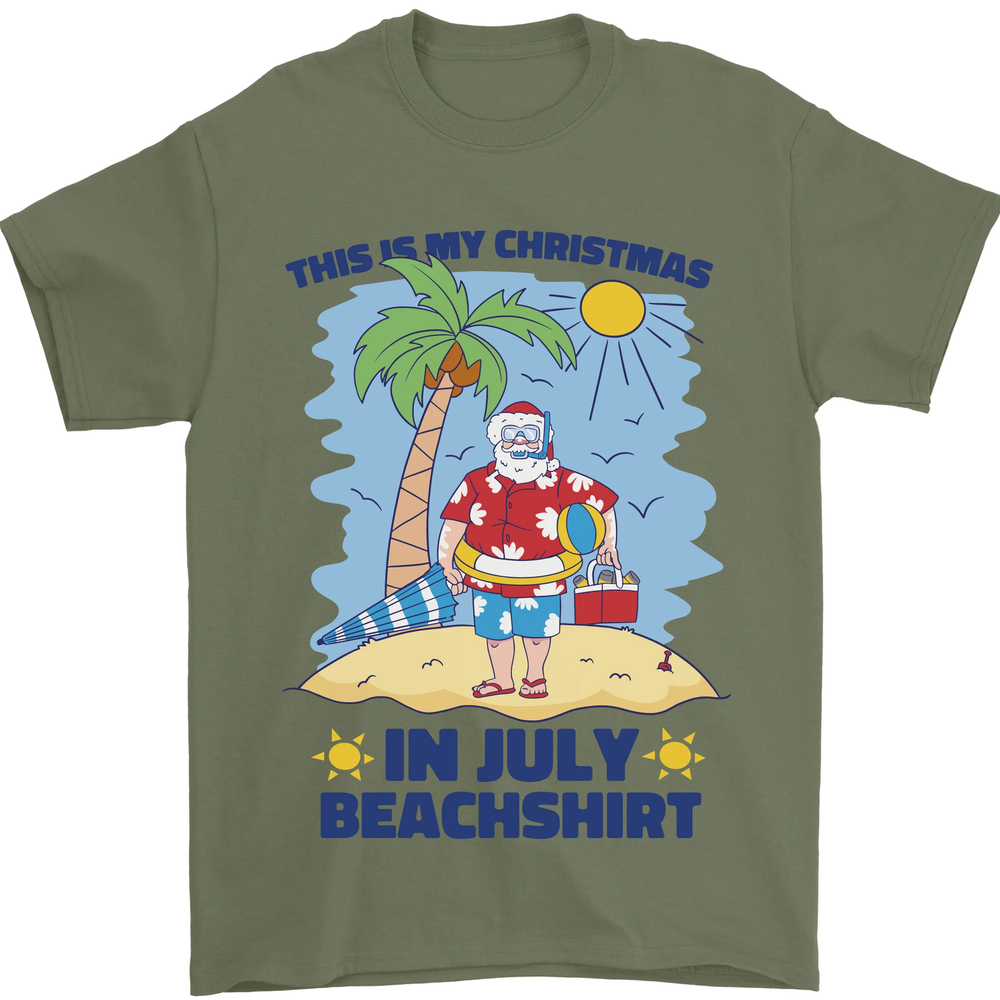 Christmas in July Summer Santa Clause Beach Mens T-Shirt 100% Cotton
