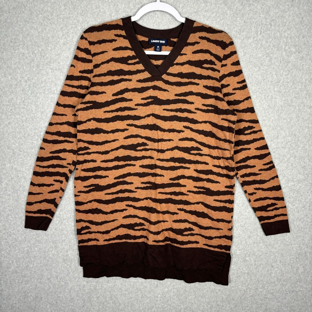 Lands End Womens Medium Brown Zebra Print Cotton Tunic Sweater Soft Cozy Thin