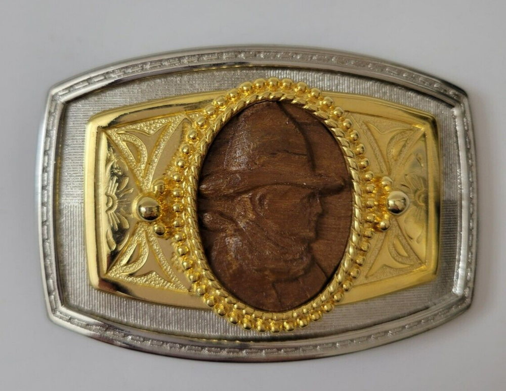 Gold and Silver Belt Buckle with Wooden Cowboy Portrait Metals Untested