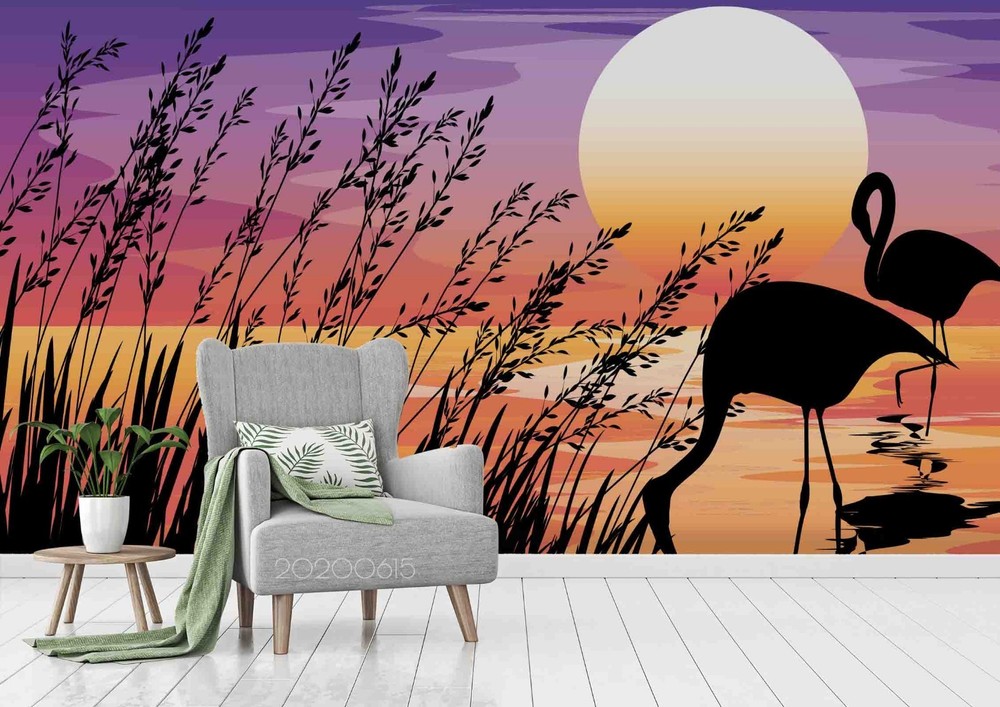 3D Lake Birds Sunset Illustration Wall Murals Wallpaper Murals Wall Sticker