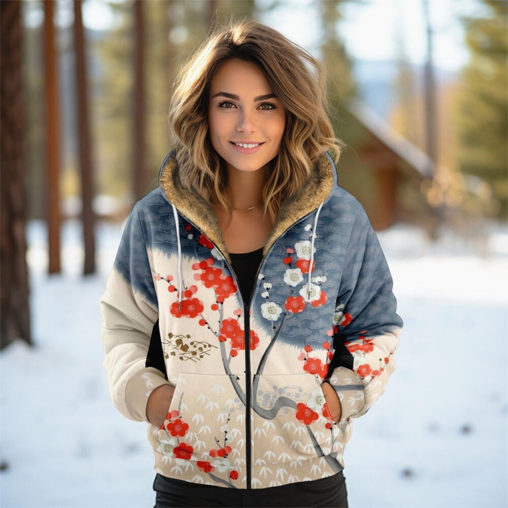 Women Winter Fleece Hoodie Plum Blossom Print Casual Zip Jacket Hoody Sweater