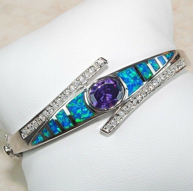 Amethyst & Australian Opal Inlay 925 Sterling Silver Bangle Bracelet ,OX3