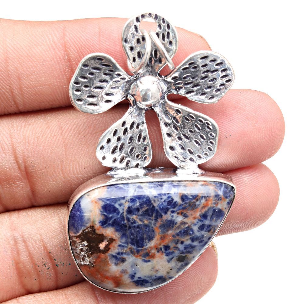 Sodalite Gemstone Silver Pendant Necklace Gift For Women 2.25 Inch