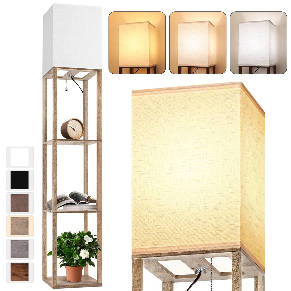 Natural Wood Shelf Floor Lamp with 3 Shelves for Living Room