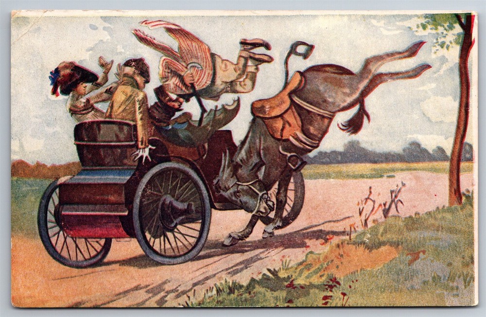 Horse Runs Into Horseless Carriage Throws Rider Humor C1900's UDB Postcard N8