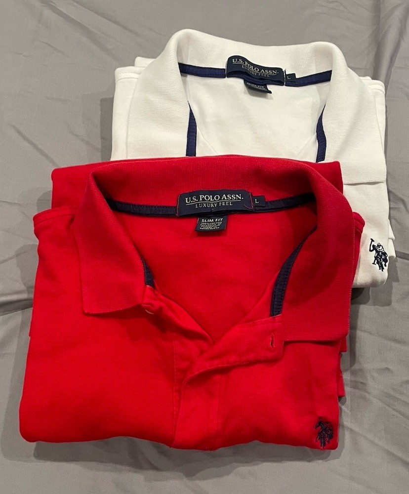 U.S. Polo ASSN Polo Shirt Men’s L Slim Fit Red and White Luxury Feel 2 Pack