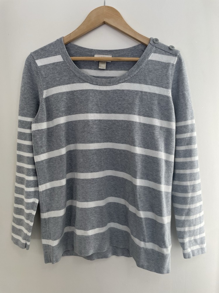 Loft Women's Striped 100% Cotton Crewneck Long Sleeve Pullover Sweater Gray L