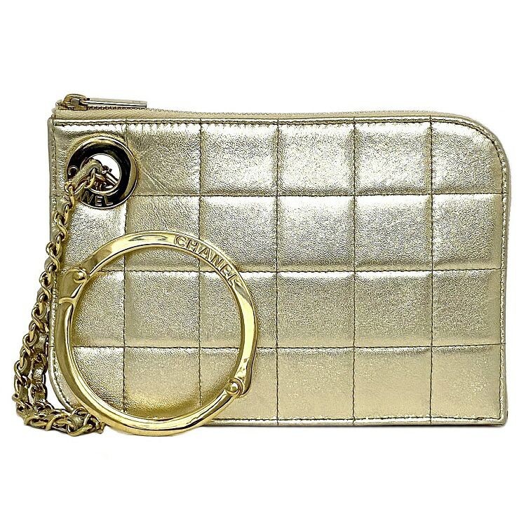 CHANEL gold chocolate bar clutch bag lambskin leather excellent pre-owned condition