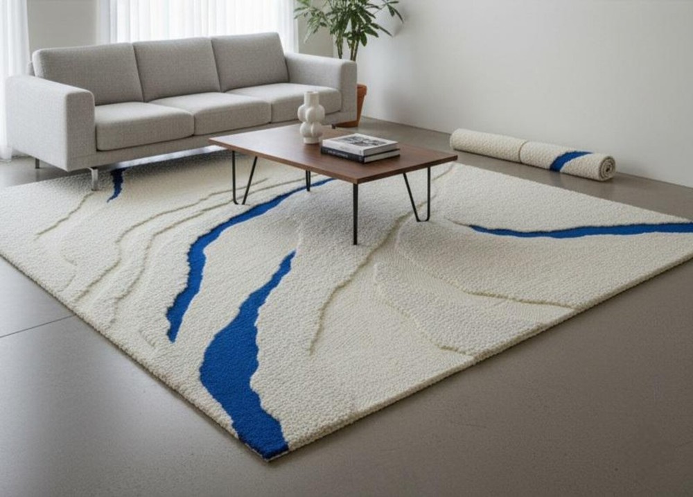 Hand Tufted Wool Rug: Blue White Abstract, Luxury Living Room Carpet