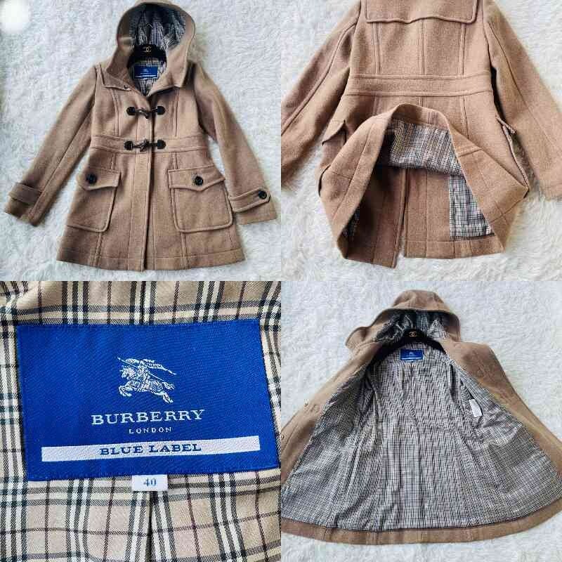 Burberry London Duffle Coat Logo Button Camel Nova Check Size L Wool Nylon Used