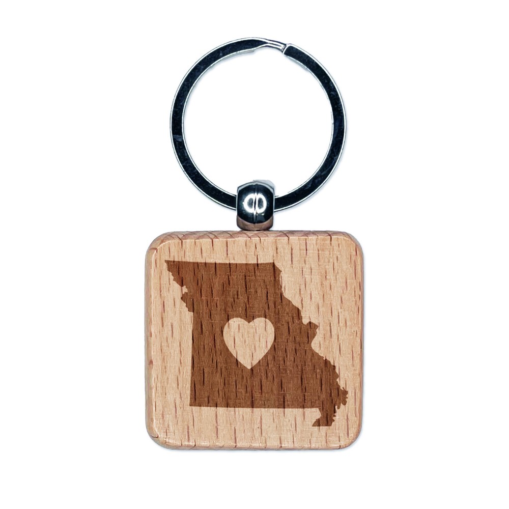 Missouri State with Heart Engraved Wood Square Keychain Tag Charm