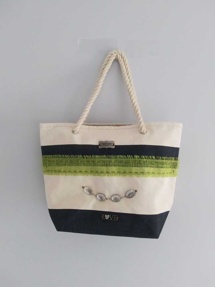 Boho Women Canvas Beach Shoulder Bag with Metal Embellishments Upcycled Design  