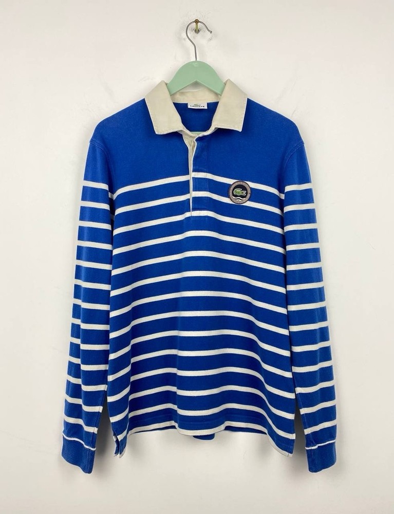 Lacoste Polo Long Sleeve Rugby Shirt Cotton White Striped Size M Men Blue