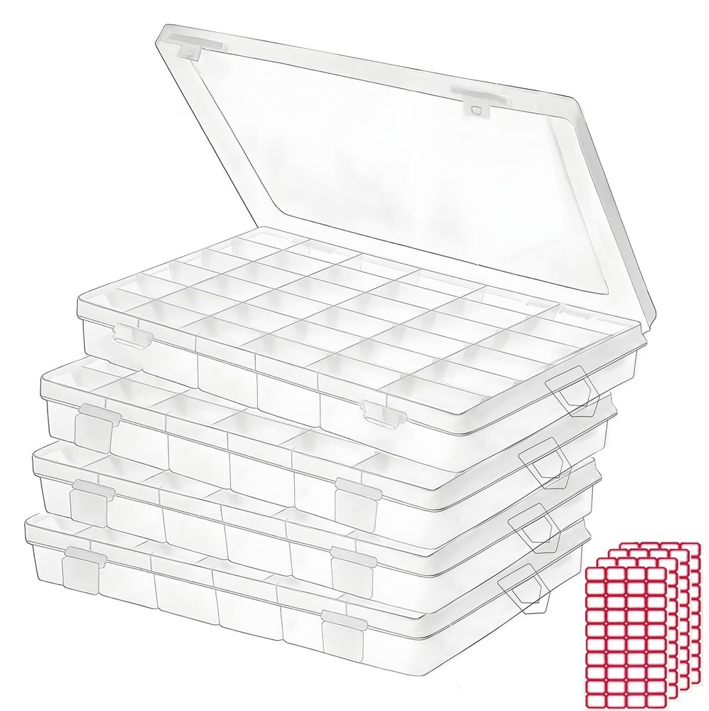 36-Grid Clear Plastic Bead Storage Box - 4-Pack Adjustable Compartments