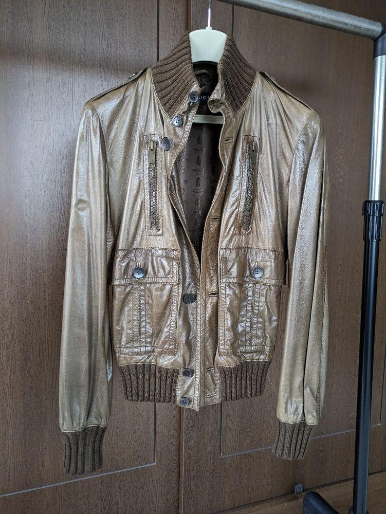 Gucci Madonna Bomber Leather Jacket Olive Brown Size 46 Used