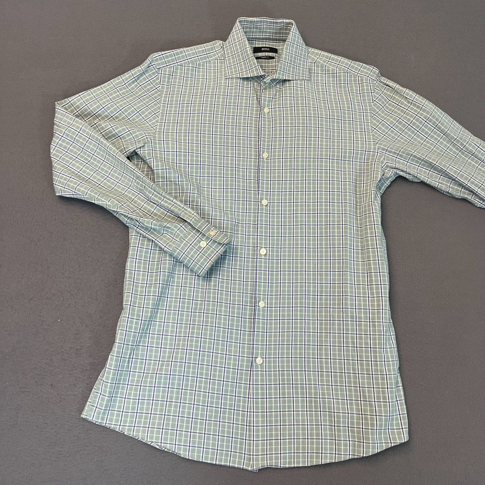 BOSS Sharp Fit Dress Shirt Men's 15.5 32/33 Button Up Plaid Spring Blue Green