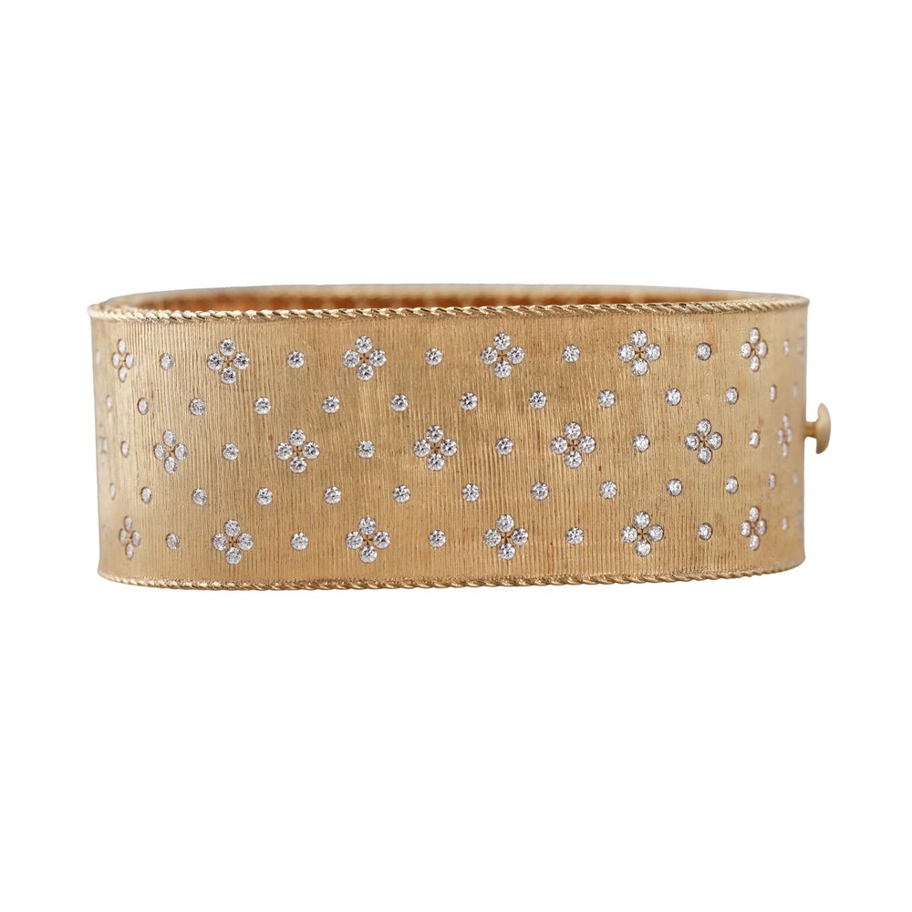 Roberto Coin Princess Satin Fleur de Lis Diamond Gold Wide Bangle Bracelet