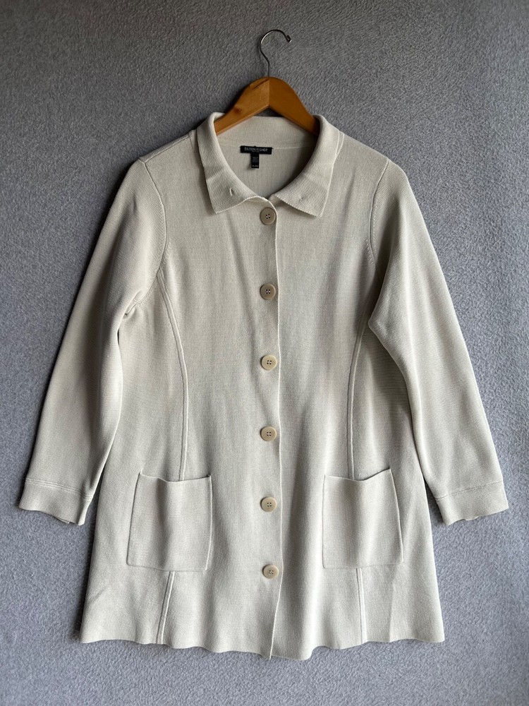 Eileen Fisher Womens PL Silk Cardigan Ivory 3/4 Sleeves Front Button Pockets