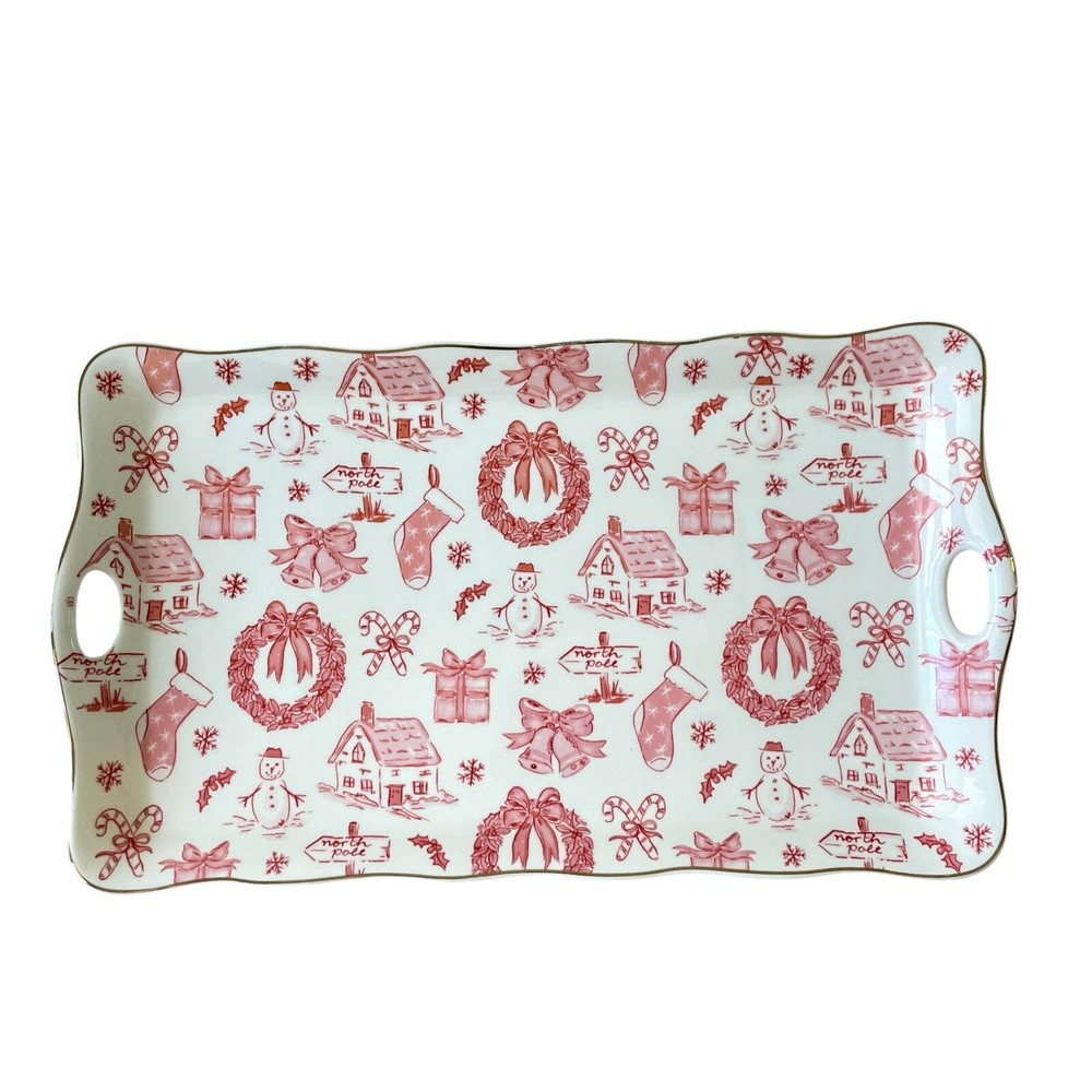 Grace Teaware Fine Porcelain Christmas Serving Tray Holiday Red & White 15in New