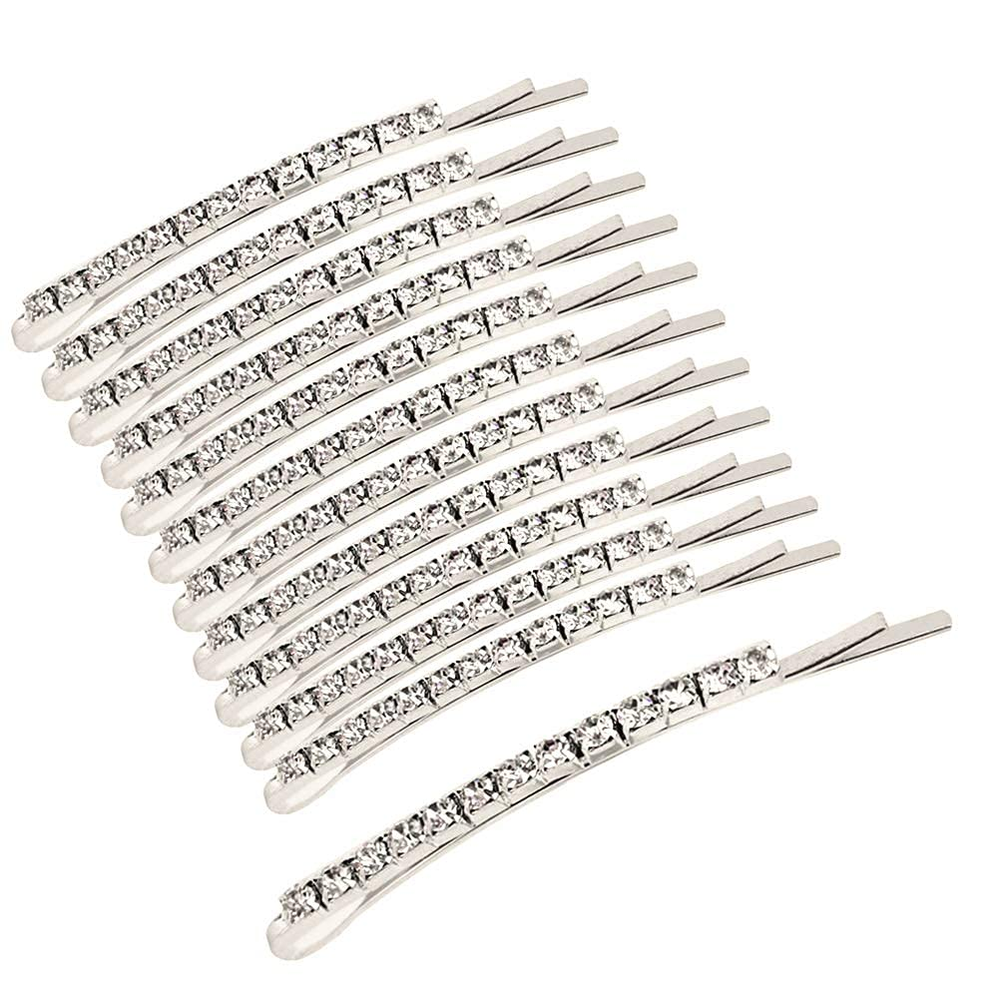 12 Silver Rhinestone Bobby Pins with Diamond Crystals for Hair