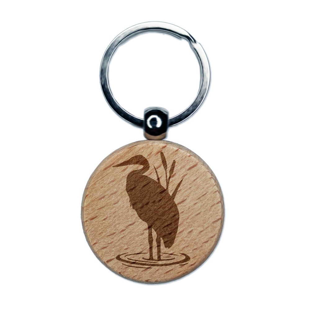 Heron Bird Silhouette Engraved Wood Round Keychain Tag Charm