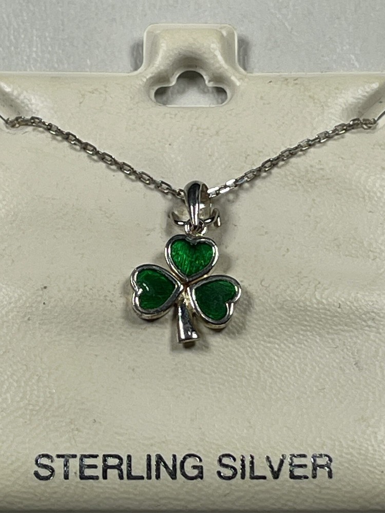 SOLVAR Ireland 18in 925 Sterling Silver Green Enamel Clover Necklace Irish 3197