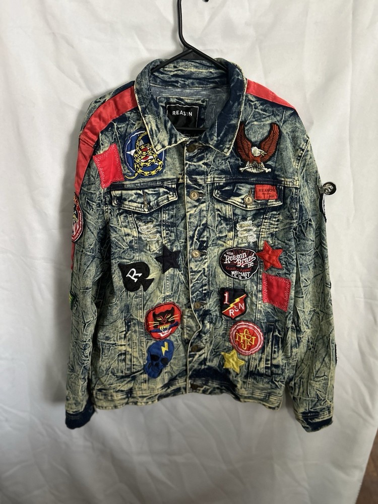 Reason rare limited edition mens embroidered patches denim jacket size L/xl