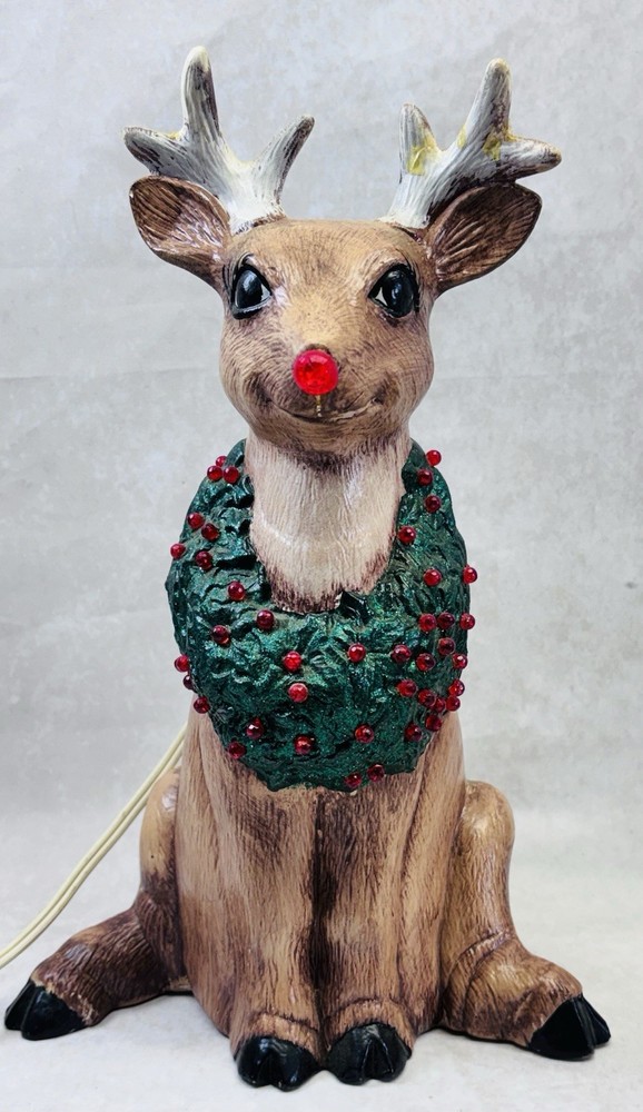 Vintage Lighted Ceramic Rudolph Reindeer Hand Painted 1990s Christmas Decor