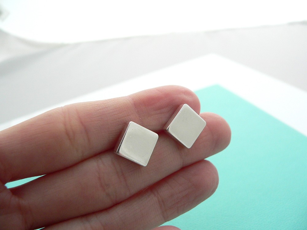 Tiffany & Co Silver Square Diamond Earrings Studs Rare Gift Love Statement Art