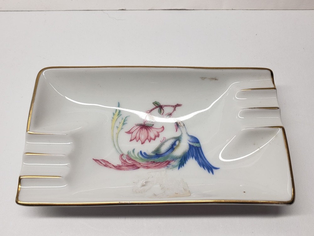 ROSENTHAL PORCELAIN ASHTRAY KRONACH GERMANY  GOLD RIM IVORY FLORAL BIRD