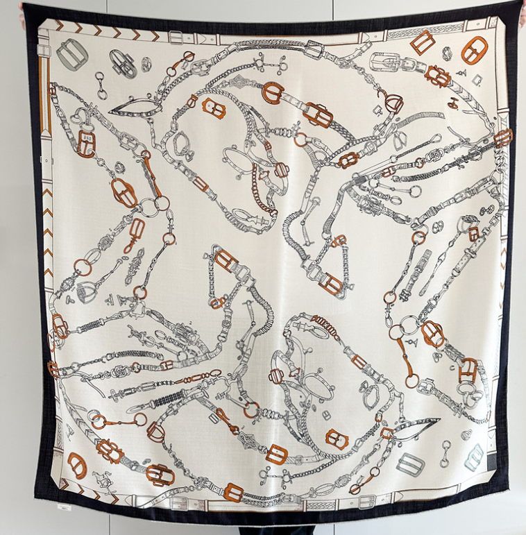 70%Cashmere 30% Silk Wrap White Horsebit Print 135X135cm Scarf Double Face Shawl