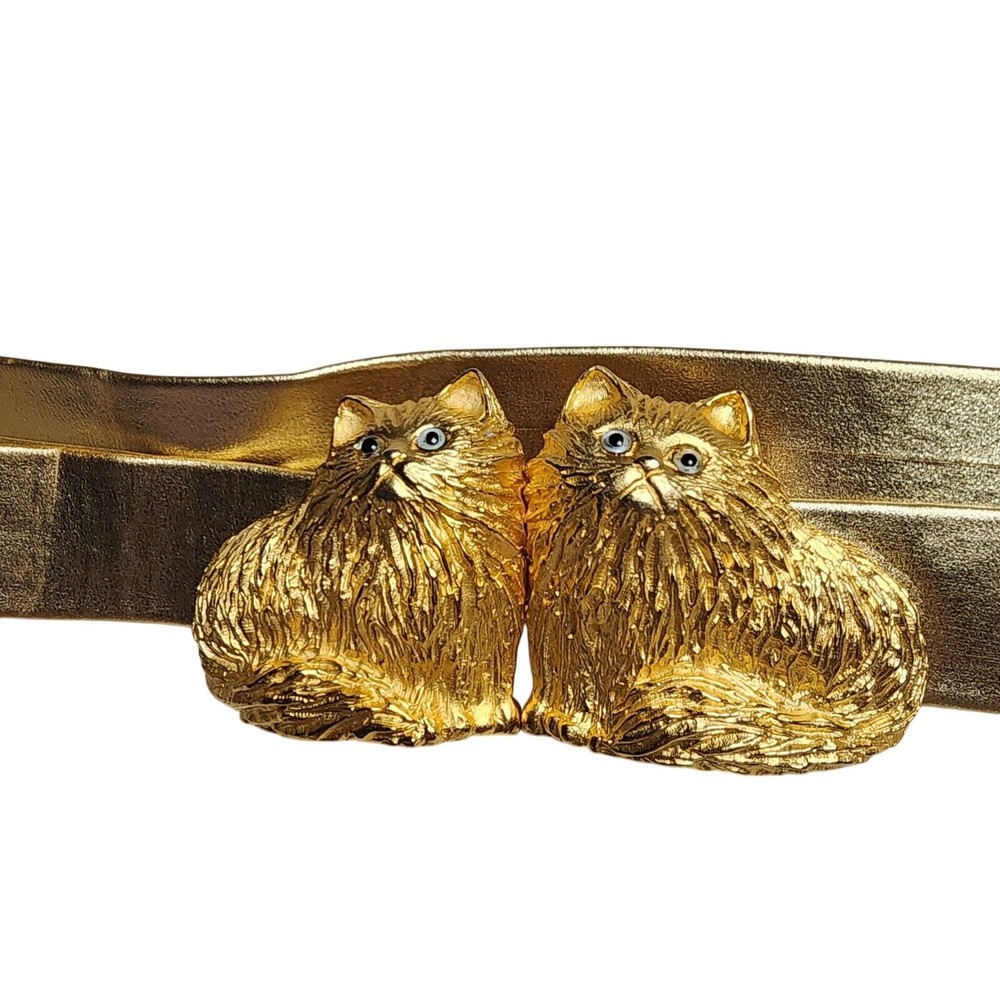 Vtg Mimi Di N Gold Cat Double Buckle Novelty Belt 1993 Stamp Cat Lover Unique