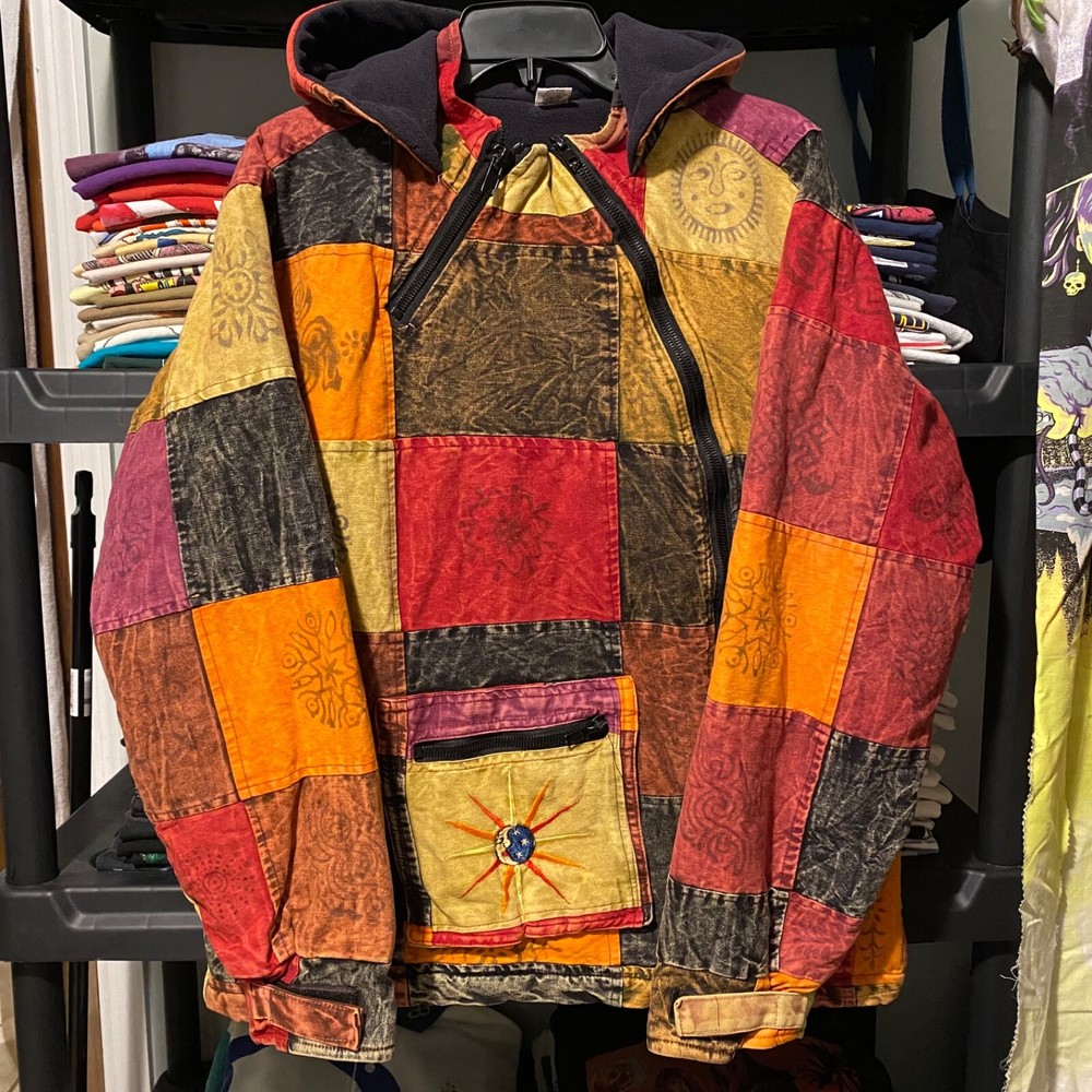 Womens Retro Hippie Style Patchwork Embroidered Multi Color Hooded Jacket XL